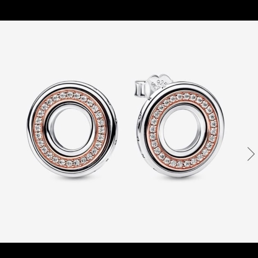 Pandora Rose Gold Signature Two Tone Logo & Pavé Stud Earring # 282780C01